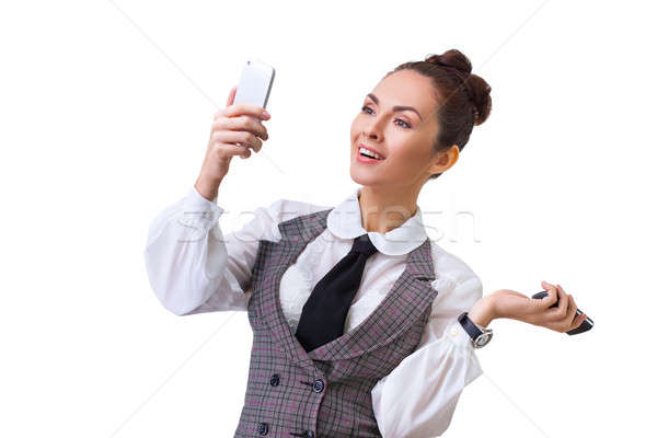 Foto stock: Dos · teléfonos · móviles · mujer · de · negocios · pensando · teléfono · móvil · negocios