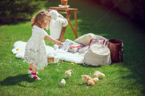 Happy child plays on a meadow around Easter decoration Stock photo © artfotodima