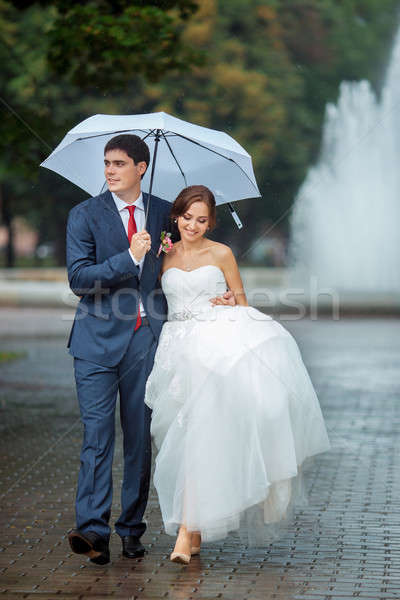 Stock fotó: Boldog · menyasszony · vőlegény · esküvő · séta · fehér