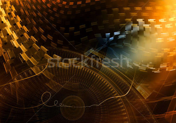 Stock photo: Colorful Ancient Mechanism with Golden Metal Cogwheels and Gear 