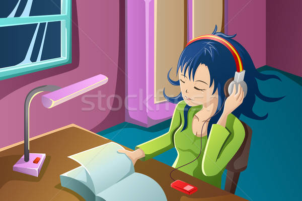 [[stock_photo]]: Fille · lecture · livre · écouter · de · la · musique · belle · fille · chambre