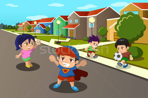 Imagine de stoc: Copiii · se · joacă · stradă · suburban · fericit · copii