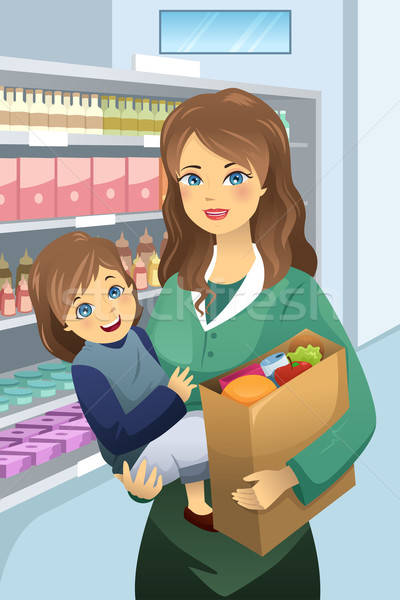 Mother carrying her daughter and grocery bags Stock photo © artisticco