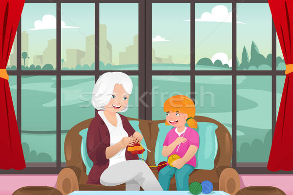 Nagymama tanít leányunoka köt lány mosoly Stock fotó © artisticco