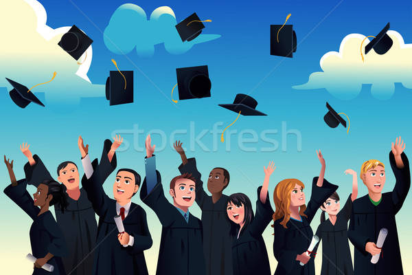 Stockfoto: Studenten · vieren · afstuderen · hoeden · lucht