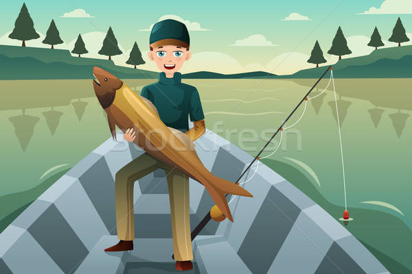 Fisherman holding a fish Stock photo © artisticco