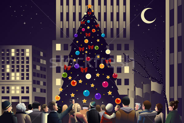 Crowd in the city near big lighted Christmas tree Stock photo © artisticco