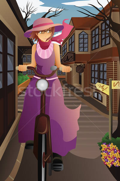 Stock photo: Busy city in the morningStylish girl with old bike in the old ci