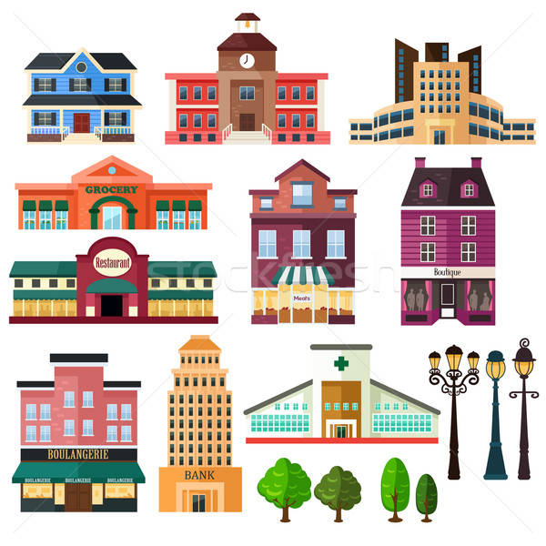 Buildings and lamp post icons Stock photo © artisticco