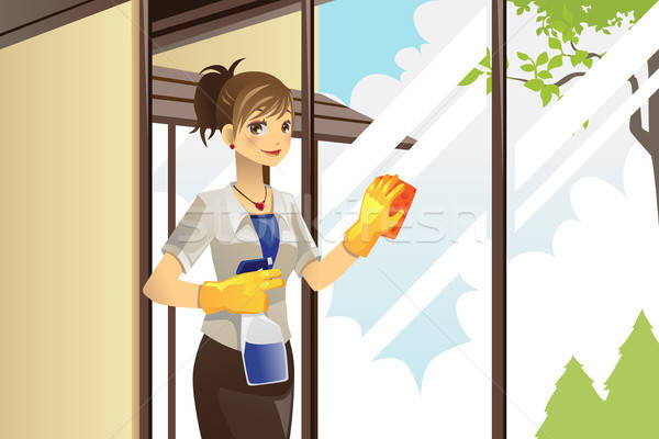 商業照片: 家庭主婦 · 清洗 · 窗口 · 家 · 女子 · 房子