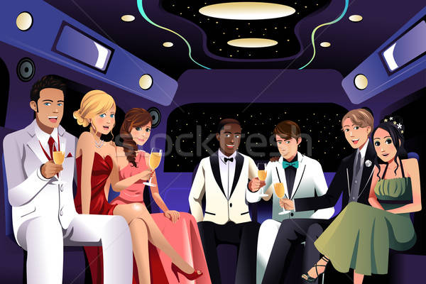 Adolescenti prom party limousine uomini mobile Foto d'archivio © artisticco