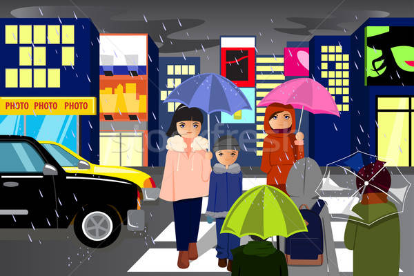 People In The City Walking During The Rain Vector Illustration