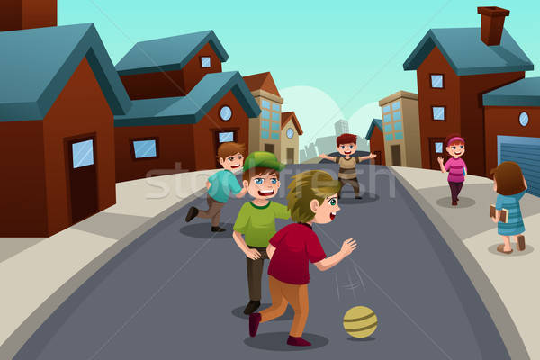 Kinderen spelen straat voorstads- buurt gelukkig kinderen Stockfoto © artisticco