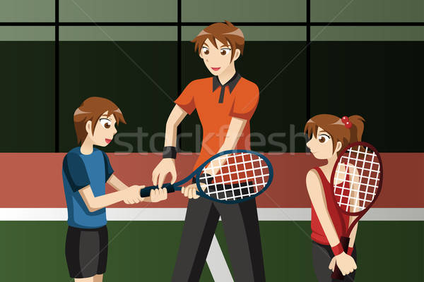 Stok fotoğraf: çocuklar · tenis · kulüp · eğitmen · öğrenci · top