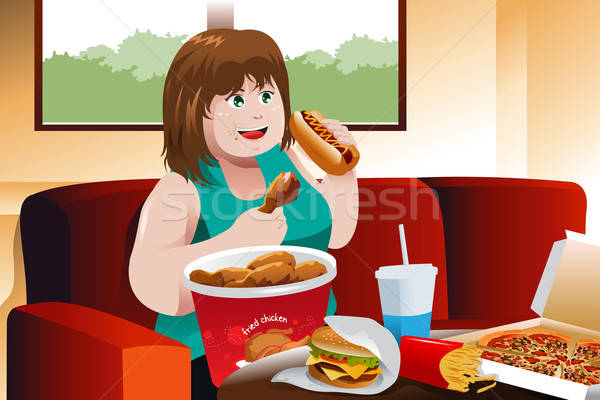 Übergewicht Frau Essen Fast-Food Essen Wohnzimmer Stock foto © artisticco