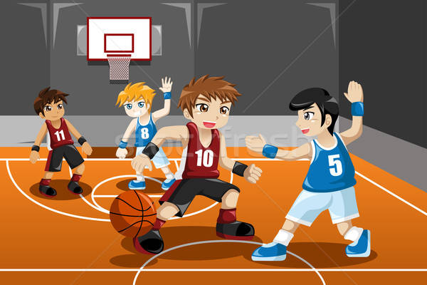 Stockfoto: Kinderen · spelen · basketbal · groep · glimlach · sport