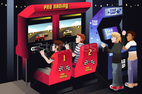 Boys playing car racing in an arcade Stock photo © artisticco