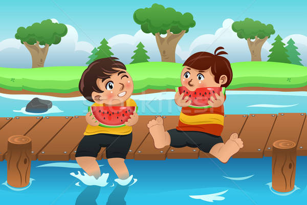 Enfants manger pastèque lac enfants fruits [[stock_photo]] © artisticco