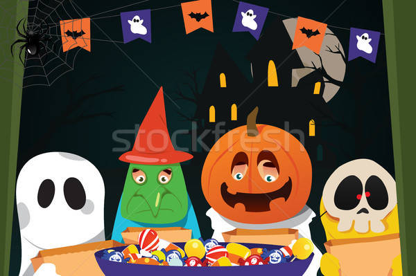  Kids Wearing Halloween Costumes Doing Trick or Treat Stock photo © artisticco