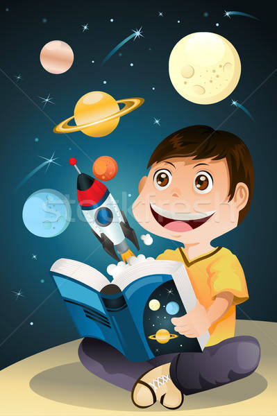 Jongen lezing astronomie boek wetenschap student Stockfoto © artisticco