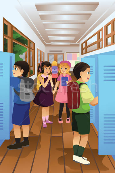 Diákok öltözőszekrény iskola mosoly diák barátok Stock fotó © artisticco