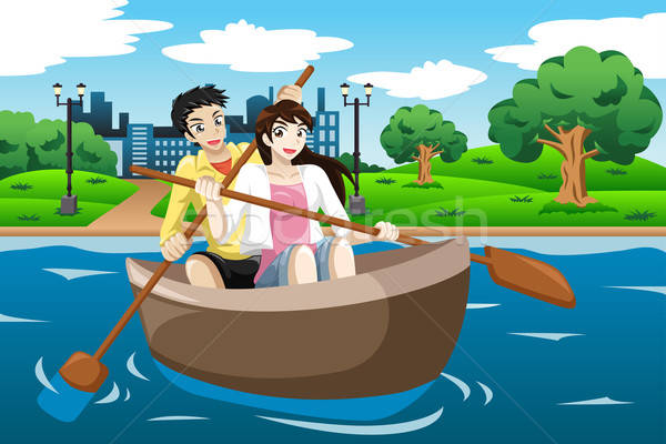 Happy couple rowing a boat Stock photo © artisticco