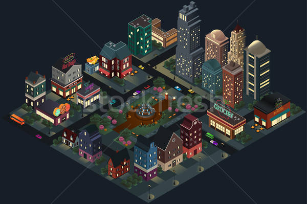 Isometric Design of City Streets and Buildings at Night Stock photo © artisticco