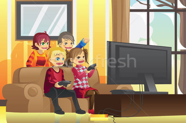 Kinderen spelen video games home televisie kinderen vrienden Stockfoto © artisticco