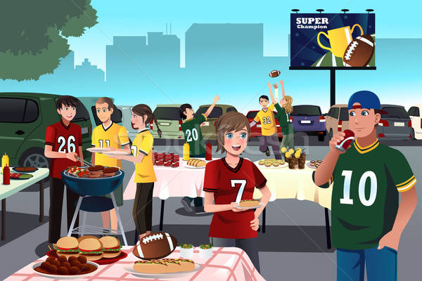 Stockfoto: Amerikaanse · voetbal · fans · partij · voedsel · mannen