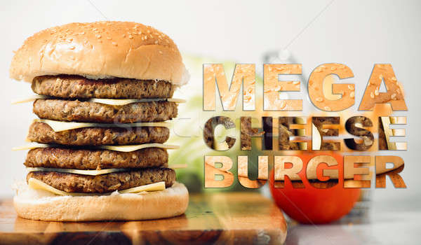 Mega Käse burger Typografie Cheeseburger Kartoffelchips Stock foto © artistrobd