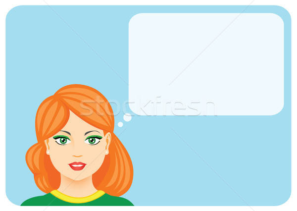 Csinos lány gondolkodik beszédfelhő kék keret Stock fotó © artizarus