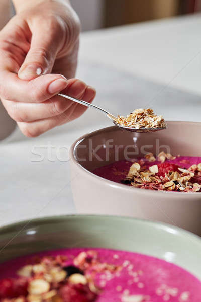 Stock foto: Hand · Löffel · Haferflocken · Platte · gesunden · Frühstück