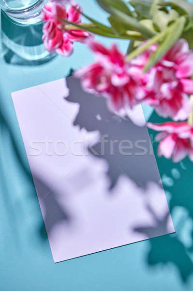 Beautiful spring frame with tulips and white sheet paper on a blue background. Valentine's Day, wedd Stock photo © artjazz