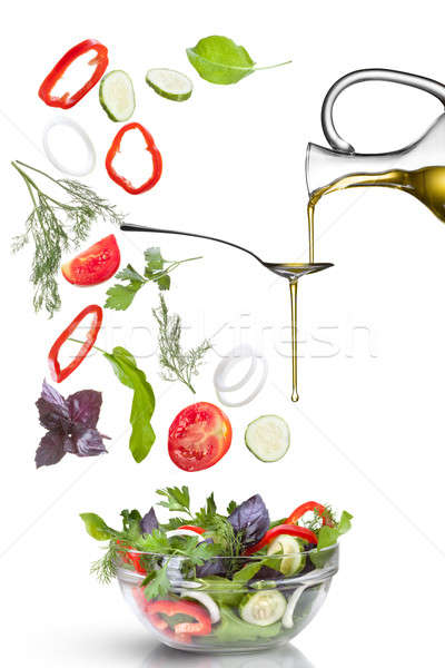 ストックフォト: 下がり · 野菜 · サラダ · 油 · 孤立した · 白