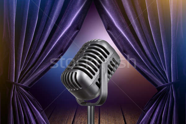 Stock photo: stage with open curtains and microphone