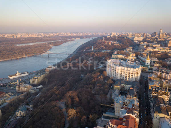 Panoramic view of Kiev, the Dnieper River and Podol district in April. Kiev, Ukraine. Drone photogra Stock photo © artjazz