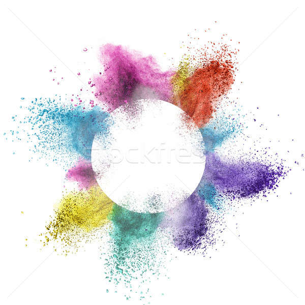 abstract multicolor powder splatted behind a round frame exploding on white background Stock photo © artjazz