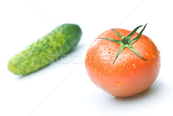 red tomato and green cucumber with water drops isolated on white Stock photo © artjazz