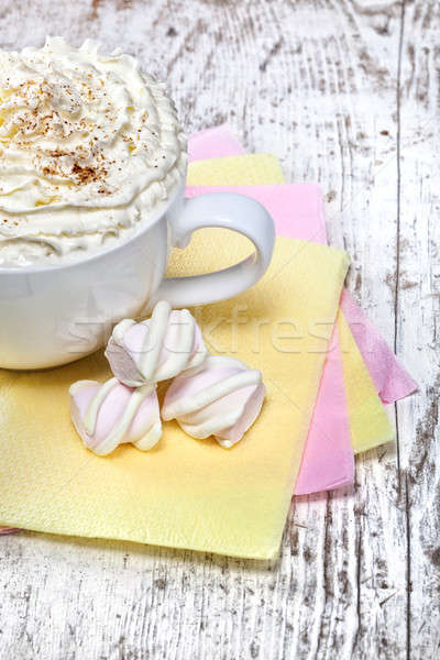 hot chocolate with marshmallows and cream on wooden background Stock photo © artjazz