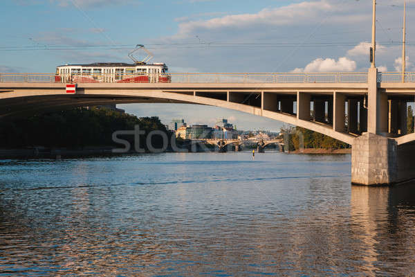 Praag tram brug kade hemel landschap Stockfoto © artjazz