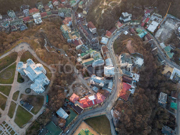 A bird's eye view, aerial view shooting from drone of the Podol district, oldest historical center o Stock photo © artjazz
