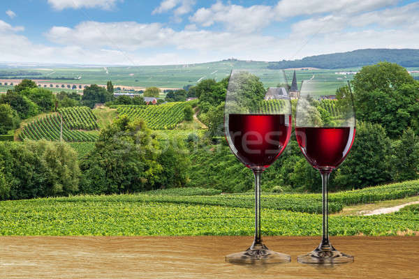 Glass of red wine against vineyard Stock photo © artjazz