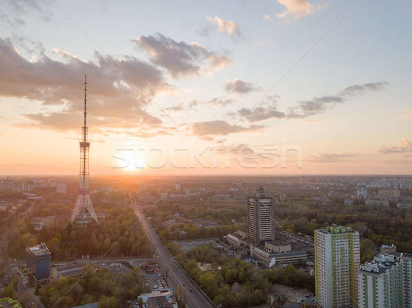 view of the city of Kiev with Dorogozhychi distric with a TV tower on sunset Stock photo © artjazz