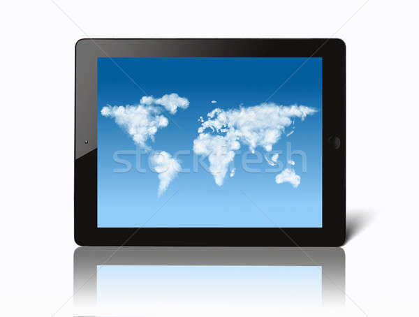 Ipad mappa del mondo nubi schermo isolato bianco Foto d'archivio © artjazz