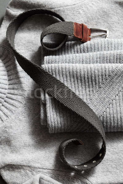 leather belt on background knit gray sweater Stock photo © artjazz