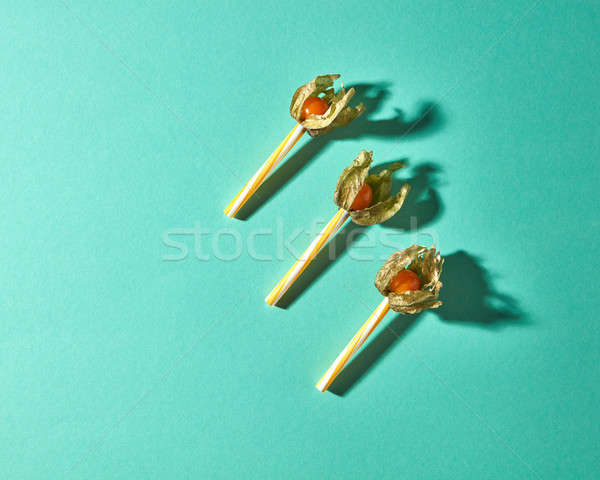 Flat lay view of the pattern of three yellow physalis fruit and plastic straws for juice with shadow Stock photo © artjazz