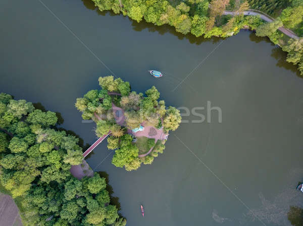 small lake in the middle of a forest and an island with a bridge, top view Stock photo © artjazz