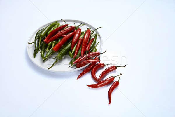 Hot chili pepper green and red in a white plate on a white backg Stock photo © artjazz