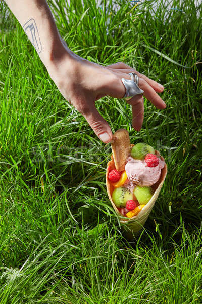 Fruit ice cream in waffle cone Stock photo © artjazz