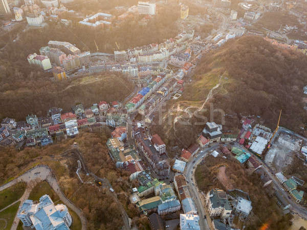 A bird's eye view, aerial view shooting from drone of the Podol district, oldest historical center o Stock photo © artjazz